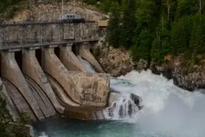 an aerial view of hydelpower dam with spillways